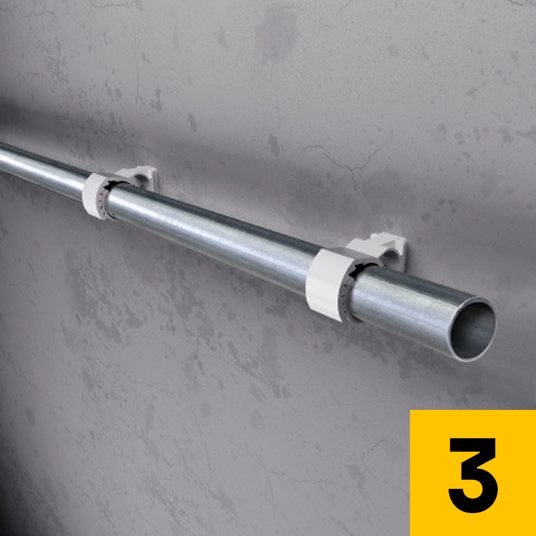 Secure the pipe with the clamp's toothed closer for a strong hold